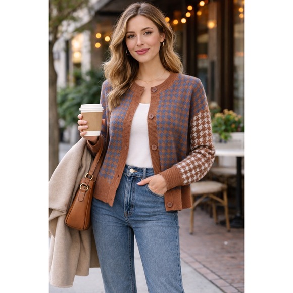 Sweaters - Brown & Blue Mixed Houndstooth Knit Cardigan Size L Cozy Soft Preppy Retro Fall
